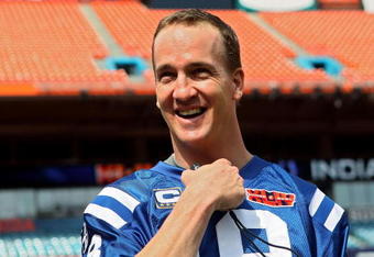 MIAMI GARDENS, FL - FEBRUARY 02:  Peyton Manning #18 of the Indianapolis Colts looks on during Super Bowl XLIV Media Day at Sun Life Stadium on February 2, 2010 in Miami Gardens, Florida.  (Photo by Scott Halleran/Getty Images)