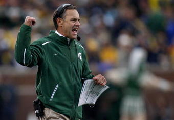 ANN ARBOR, MI - OCTOBER 25: Head coach Mark Dantonio of the Michigan State Spartans yells from the sideline while playing the Michigan Wolverines on October 25, 2008 at Michigan Stadium in Ann Arbor, Michigan. Michigan State won the game 35-21. (Photo by Gregory Shamus/Getty Images)