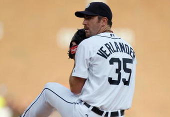 DETROIT - JULY 8:  Justin Verlander #35 of the Detroit Tigers pitches against the Cleveland Indians on July 8, 2008 at Comerica Park in Detroit, Michigan. (Photo by: Gregory Shamus/Getty Images)