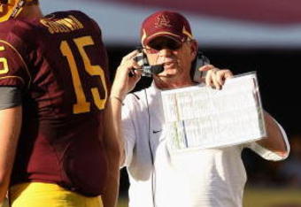 TEMPE, AZ - OCTOBER 03:  Head coach Dennis Erickson talks with quarterback Danny Sullivan #15 of the Arizona State Sun Devils during the college football game against the Oregon State Beavers at Sun Devil Stadium on October 3, 2009 in Tempe, Arizona. The Beavers defeated the Sun Devils 28-17.  (Photo by Christian Petersen/Getty Images)
