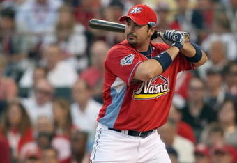 ST LOUIS, MO - JULY 13: National League All-Star Adrian Gonzalez of the San Diego Padres competes in the State Farm Home Run Derby at Busch Stadium on July 13, 2009 in St. Louis, Missouri. (Photo by Elsa/Getty Images)