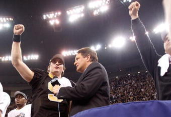 NEW ORLEANS - JANUARY 24:  Drew Brees #9 of the New Orleans Saints is interviewed by Chris Myers after the Saints won 31-28 against the Minnesota Vikings during the NFC Championship Game at the Louisiana Superdome on January 24, 2010 in New Orleans, Louisiana.  (Photo by Chris Graythen/Getty Images)
