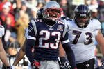FOXBORO, MA - JANUARY 10:  Leigh Bodden #23 of the New England Patriots reacts against the Baltimore Ravens during the 2010 AFC wild-card playoff game at Gillette Stadium on January 10, 2010 in Foxboro, Massachusetts.  (Photo by Jim Rogash/Getty Images)