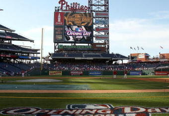 PHILADELPHIA - APRIL 05:  The Opening Day 2009 logo is painted on the field for the Philadelphia Phillies game against the Atlanta Braves on April 5, 2009 at Citizens Bank Park in Philadelphia, Pennsylvania. Today's game is the opening of the 2009 major league baseball season.  (Photo by Ezra Shaw/Getty Images)