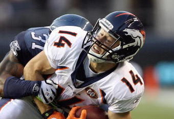 SEATTLE - AUGUST 22: Quarterback Brandon Stokley #14 of the Denver Broncos is sacked during the game against the Seattle Seahawks on August 22, 2009 at Qwest Field in Seattle, Washington. (Photo by Otto Greule Jr/Getty Images)   