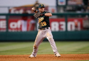 ANAHEIM, CA - AUGUST 29:  Adam Kennedy #29 of the Oakland Athletics throws against the Los Angeles Angels of Anaheim at Angel Stadium on August 29, 2009 in Anaheim, California.  (Photo by Jeff Gross/Getty Images)
