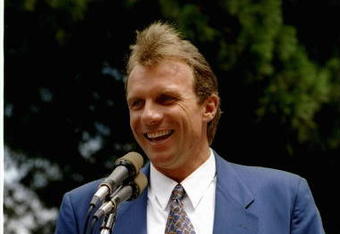18 Apr 1995:  Quarterback Joe Montana of the San Francisco 49ers speaks during his retirement ceremony. Mandatory Credit: Otto Greule  /Allsport