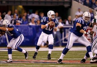 INDIANAPOLIS - JANUARY 24:  Quarterback Peyton Manning #18 of the Indianapolis Colts looks to pass while playing against the New York Jets during the first half of the AFC Championship Game at Lucas Oil Stadium on January 24, 2010 in Indianapolis, Indiana. The Colts defeated the Jets 30-17.  (Photo by Jonathan Daniel/Getty Images)