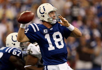 INDIANAPOLIS - SEPTEMBER 06:  Quarterback Peyton Manning #18 of the Indianapolis Colts passes against the New Orleans Saints in the first NFL game of the season at the RCA Dome on September 6, 2007 in Indianapolis, Indiana.  (Photo by Jamie Squire/Getty Images)