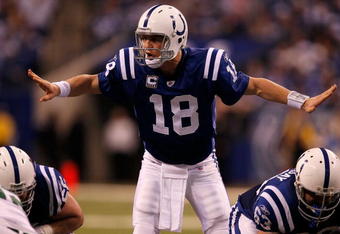 INDIANAPOLIS - JANUARY 24:  Quarterback Peyton Manning #18 of the Indianapolis Colts calls a play while playing against the New York Jets during the second half of the AFC Championship Game at Lucas Oil Stadium on January 24, 2010 in Indianapolis, Indiana. The Colts defeated the Jets 30-17.  (Photo by Jonathan Daniel/Getty Images)