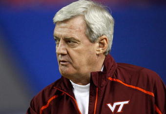 ATLANTA - DECEMBER 31:  Head coach Frank Beamer of the Virginia Tech Hokies watches pre-game warmups before the Chick-Fil-A Bowl against the Tennessee Volunteers at the Georgia Dome on December 31, 2009 in Atlanta, Georgia.  The Hokies beat the Volunteers 37-14.  (Photo by Mike Zarrilli/Getty Images)
