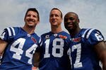 MIAMI GARDENS, FL - FEBRUARY 02:  Dallas Clark #44, Peyton Manning #18 and Reggie Wayne #87 of the Indianapolis Colts pose on the field during Super Bowl XLIV Media Day at Sun Life Stadium on February 2, 2010 in Miami Gardens, Florida.  (Photo by Doug Benc/Getty Images)