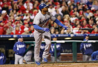 PHILADELPHIA - OCTOBER 19:  Matt Kemp #27 of the Los Angeles Dodgers hits a solo home run in the top of the fifth inning against of the Philadelphia Phillies in Game Four of the NLCS during the 2009 MLB Playoffs at Citizens Bank Park on October 19, 2009 in Philadelphia, Pennsylvania.  (Photo by Nick Laham/Getty Images)
