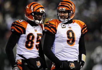 EAST RUTHERFORD, NJ - JANUARY 03:  Quarterback Carson Palmer #9 of the Cincinnati Bengals talks with teammate Chad Ochocinco #85 during the game against the New York Jets at Giants Stadium on January 3, 2010 in East Rutherford, New Jersey.  (Photo by Jeff Zelevansky/Getty Images)