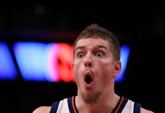 NEW YORK - JANUARY 22:  David Lee #42 of the New York Knicks reacts to a call against the Los Angeles Lakers during their game at Madison Square Garden on January 22, 2010 in New York, New York.  NOTE TO USER: User expressly acknowledges and agrees that, by downloading and/or using this Photograph, User is consenting to the terms and conditions of the Getty Images License Agreement.  (Photo by Al Bello/Getty Images)