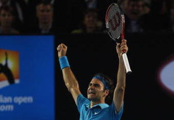 MELBOURNE, AUSTRALIA - JANUARY 31:  Roger Federer of Switzerland celebrates championship point in his men's final match against Andy Murray of Great Britain during day fourteen of the 2010 Australian Open at Melbourne Park on January 31, 2010 in Melbourne, Australia.  (Photo by Quinn Rooney/Getty Images)