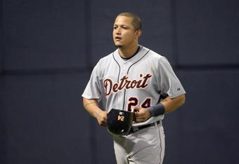 MINNEAPOLIS - OCTOBER 06: Miguel Cabrera #24 of the Detroit Tigers walks off the field during the American League Tiebreaker game against the Minnesota Twins on October 6, 2009 at Hubert H. Humphrey Metrodome in Minneapolis, Minnesota. (Photo by Jamie Squire/Getty Images)