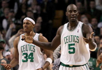 BOSTON - JANUARY 31:  Paul Pierce #34 and Kevin Garnett #5 of the Boston Celtics react to an official's call  against Pierce in the closing moments during a game against the Los Angeles Lakers at the TD Garden on January 31, 2010 in Boston, Massachusetts.  NOTE TO USER: User expressly acknowledges and agrees that, by downloading and or using this photograph, User is consenting to the terms and conditions of the Getty Images License Agreement. (Photo by Jim Rogash /Getty Images)