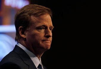 FORT LAUDERDALE, FL - FEBRUARY 05:  Commissioner of the NFL Roger Goodell looks on while speaking to members of the media during the NFL Commissioner Press Conference held at the Greater Ft. Lauderdale/Broward County Convention Center as part of media week for Super Bowl XLIV on February 5, 2010 in Fort Lauderdale, Florida.  (Photo by Jonathan Daniel/Getty Images)