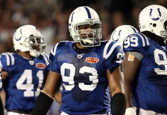MIAMI GARDENS, FL - FEBRUARY 07:  Dwight Freeney #93 of the Indianapolis Colts lines up against the New Orleans Saints during Super Bowl XLIV on February 7, 2010 at Sun Life Stadium in Miami Gardens, Florida.  (Photo by Ronald Martinez/Getty Images)