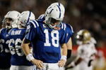 MIAMI GARDENS, FL - FEBRUARY 07: Peyton Manning #18 of the Indianapolis Colts reacts after a play against the New Orleans Saints during Super Bowl XLIV on February 7, 2010 at Sun Life Stadium in Miami Gardens, Florida.  (Photo by Donald Miralle/Getty Images)