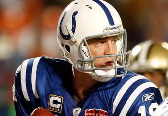 MIAMI GARDENS, FL - FEBRUARY 07:  Quarterback Peyton Manning #18 of the Indianapolis Colts looks to pass against the New Orleans Saints during Super Bowl XLIV on February 7, 2010 at Sun Life Stadium in Miami Gardens, Florida.  (Photo by Chris Graythen/Getty Images)