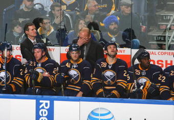 BUFFALO, NY - JANUARY 29: Head coach Lindy Ruff of the Buffalo Sabres reacts against the Boston Bruins during a game at HSBC Arena on January 29, 2010 in Buffalo, New York. (Photo by Rick Stewart/Getty Images)
