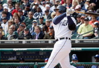 DETROIT - APRIL 10:  Miguel Cabrera #24 of the Detroit Tigers swings at the pitch against the Texas Rangers during Opening Day on April 10, 2009 at Comerica Park in Detroit, Michigan. Detroit won the game 15-2. (Photo by Gregory Shamus/Getty Images)