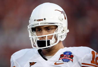 PASADENA, CA - JANUARY 07:  Quarterback Colt McCoy #12 of the Texas Longhorns looks on before taking on the Alabama Crimson Tide in the Citi BCS National Championship game at the Rose Bowl on January 7, 2010 in Pasadena, California.  (Photo by Jeff Gross/Getty Images)