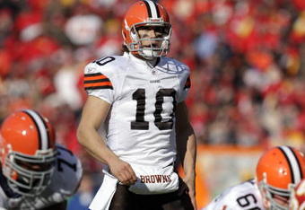 KANSAS CITY, MO - DECEMBER 20:  Quarterback Brady Quinn #10 of the Cleveland Browns checks the defensive alignment during their NFL game against the Kansas City Chiefs on December 20, 2009 at Arrowhead Stadium in Kansas City, Missouri. The Browns defeated the Chiefs 41-34. (Photo by Jamie Squire/Getty Images)