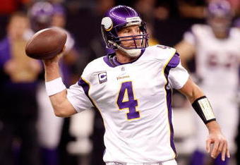 NEW ORLEANS - JANUARY 24:  Brett Favre #4 of the Minnesota Vikings throws a pass against the New Orleans Saints during the NFC Championship Game at the Louisiana Superdome on January 24, 2010 in New Orleans, Louisiana. The Saints won 31-28 in overtime.  (Photo by Chris Graythen/Getty Images)