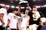NEW ORLEANS - JANUARY 24:  Jeremy Shockey #88 of the New Orleans Saints celebrates with the George S. Halas trophy against the Minnesota Vikings during the NFC Championship Game at the Louisiana Superdome on January 24, 2010 in New Orleans, Louisiana.  (Photo by Chris Graythen/Getty Images)