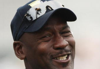 SAN FRANCISCO - OCTOBER 10:  Michael Jordan, USA Team assistant has a joke during the Day Three Morning Foursomes Matches of The Presidents Cup at Harding Park Golf Course on October 10, 2009 in San Francisco, California.  (Photo by Warren Little/Getty Images)