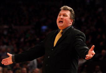 NEW YORK - MARCH 12:  Head Coach Bob Huggins of the West Virginia Mountaineers reacts on the sidelines during a game against the Pittsburgh Panthers during the quarterfinals of the Big East Tournament at Madison Square Garden on March 12, 2009 in New York City.  (Photo by Jim McIsaac/Getty Images)