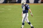 MIAMI GARDENS, FL - FEBRUARY 07:  Peyton Manning #18 of the Indianapolis Colts walks on the field against the New Orleans Saints during Super Bowl XLIV on February 7, 2010 at Sun Life Stadium in Miami Gardens, Florida.  (Photo by Jed Jacobsohn/Getty Images)