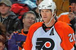 NEWARK, NJ - DECEMBER 12: Chris Pronger #20 of the Philadelphia Flyers waits for a face off during the game against the New Jersey Devils on December 12, 2009 at the Prudential Center in Newark, New Jersey. (Photo by Christopher Pasatieri/Getty Images)
