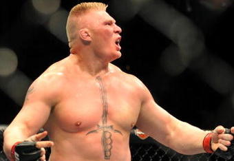 LAS VEGAS - JULY 11:  Brock Lesnar reacts after knocking out Frank Mir during their heavyweight title bout during UFC 100 on July 11, 2009 in Las Vegas, Nevada.  (Photo by Jon Kopaloff/Getty Images)