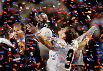 MIAMI GARDENS, FL - FEBRUARY 07:  Drew Brees #9 of the New Orleans Saints celebrates after defeating the Indianapolis Colts during Super Bowl XLIV on February 7, 2010 at Sun Life Stadium in Miami Gardens, Florida.  (Photo by Ezra Shaw/Getty Images)