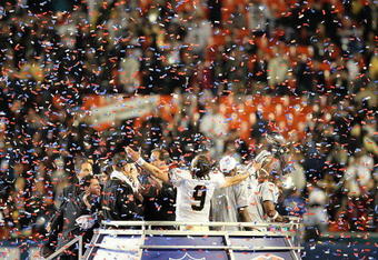 MIAMI GARDENS, FL - FEBRUARY 07:  Drew Brees #9 of the New Orleans Saints celebrates after defeating the Indianapolis Colts during Super Bowl XLIV on February 7, 2010 at Sun Life Stadium in Miami Gardens, Florida.  (Photo by Jed Jacobsohn/Getty Images)