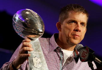 FORT LAUDERDALE, FL - FEBRUARY 08:  Head coach Sean Payton of the New Orleans Saints holds the Vince Lombardi Trophy during Super Bowl Champion Coach Press Conference at the Fort Lauderdale Convention Center on February 8, 2010 in Fort Lauderdale, Florida.  (Photo by Doug Benc/Getty Images)
