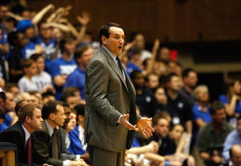 DURHAM, NC - FEBRUARY 11:  Head coach Mike Krzyzewski of the Duke Blue Devils looks on during the game against the North Carolina Tar Heels on February 11, 2009 at Cameron Indoor Stadium in Durham, North Carolina.  (Photo by Kevin C. Cox/Getty Images)