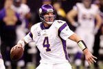 NEW ORLEANS - JANUARY 24:  Brett Favre #4 of the Minnesota Vikings drops back to pass against the New Orleans Saints during the NFC Championship Game at the Louisiana Superdome on January 24, 2010 in New Orleans, Louisiana. The Saints won 31-28 in overtime.  (Photo by Chris Graythen/Getty Images)