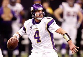 NEW ORLEANS - JANUARY 24:  Brett Favre #4 of the Minnesota Vikings drops back to pass against the New Orleans Saints during the NFC Championship Game at the Louisiana Superdome on January 24, 2010 in New Orleans, Louisiana. The Saints won 31-28 in overtime.  (Photo by Chris Graythen/Getty Images)