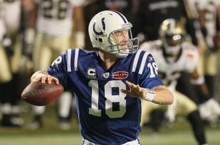 MIAMI GARDENS, FL - FEBRUARY 07:  Peyton Manning #18 of the Indianapolis Colts passes against the New Orleans Saints during Super Bowl XLIV on February 7, 2010 at Sun Life Stadium in Miami Gardens, Florida.  (Photo by Jed Jacobsohn/Getty Images)