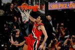 PHOENIX - FEBRUARY 14:  Rudy Fernandez of the Portland Trail Blazers participates in the Sprite Slam Dunk Contest on All-Star Saturday Night, part of 2009 NBA All-Star Weekend at US Airways Center on February 14, 2009 in Phoenix, Arizona.  NOTE TO USER: User expressly acknowledges and agrees that, by downloading and or using this photograph, User is consenting to the terms and conditions of the Getty Images License Agreement.  (Photo by Kevork Djansezian/Getty Images)