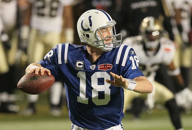 MIAMI GARDENS, FL - FEBRUARY 07:  Peyton Manning #18 of the Indianapolis Colts passes against the New Orleans Saints during Super Bowl XLIV on February 7, 2010 at Sun Life Stadium in Miami Gardens, Florida.  (Photo by Jed Jacobsohn/Getty Images)