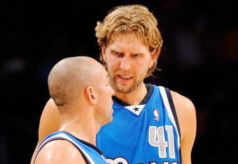 LOS ANGELES, CA - OCTOBER 30:  Dirk Nowitzki #41 and Jason Kidd #2 of the Dallas Mavericks talk against Los Angeles Lakers during the NBA basketball game at Staples Center on October 30, 2009 in Los Angeles, California.  NOTE TO USER: User expressly acknowledges and agrees that, by downloading and/or using this Photograph, user is consenting to the terms and conditions of the Getty Images License Agreement.  (Photo by Kevork Djansezian/Getty Images)