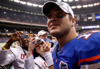NEW ORLEANS - JANUARY 01:  Quarterback Tim Tebow #15 of the Florida Gators celebrates after defeating the Cincinnati Bearcats 24-51 during the Allstate Sugar Bowl at the Louisana Superdome on January 1, 2010 in New Orleans, Louisiana.  (Photo by Kevin C. Cox/Getty Images)