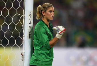 BEIJING - AUGUST 21:  Goalkeeper Hope Solo of United States looks on during the Women's Football Gold Medal match between Brazil and the United States on Day 13 of the Beijing 2008 Olympic Games on August 21, 2008 at Worker's Stadium in Beijing, China.  (Photo by Mike Hewitt/Getty Images)