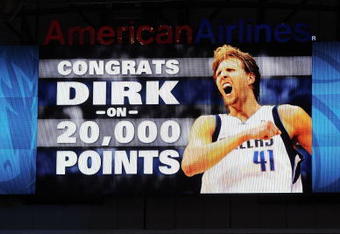 DALLAS - JANUARY 13:  Forward Dirk Nowitzki #41 of the Dallas Mavericks is shown on the screen after making his 20,000 career point against the Los Angeles Lakers on January 13, 2010 at American Airlines Center in Dallas, Texas.  NOTE TO USER: User expressly acknowledges and agrees that, by downloading and/or using this Photograph, user is consenting to the terms and conditions of the Getty Images License Agreement.  (Photo by Ronald Martinez/Getty Images)